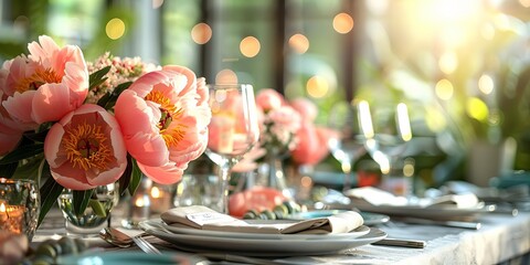 A holiday tablescape with formal settings and peony flower decorations creates an elegant atmosphere for a wedding party or event