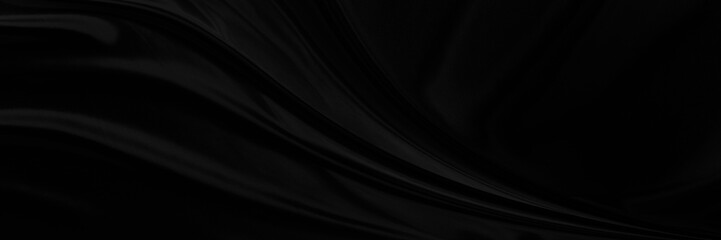 Black gray satin dark fabric texture luxurious shiny that is abstract silk cloth panorama background with patterns soft waves blur beautiful.