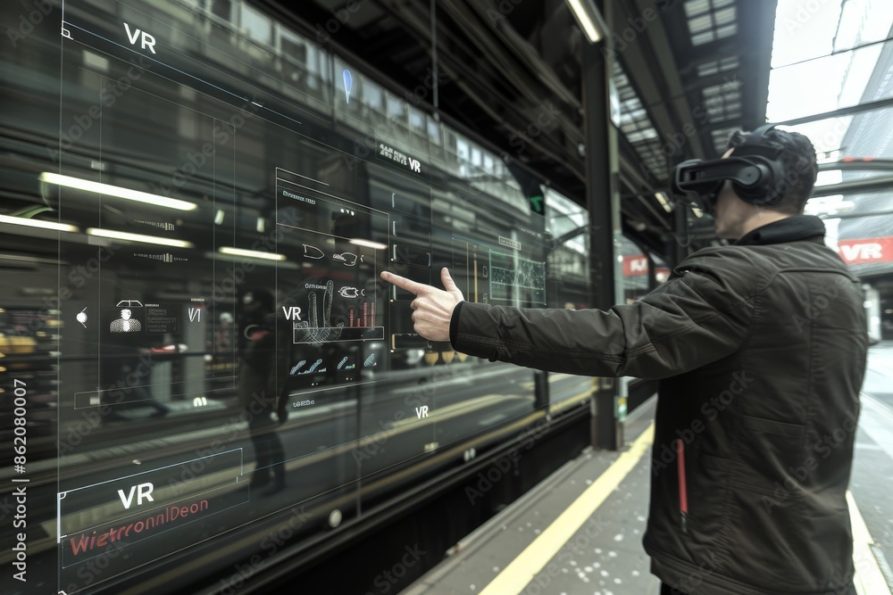 Aufkleber man using vr in a train station, highlighting the integration of advanced technology and transportat