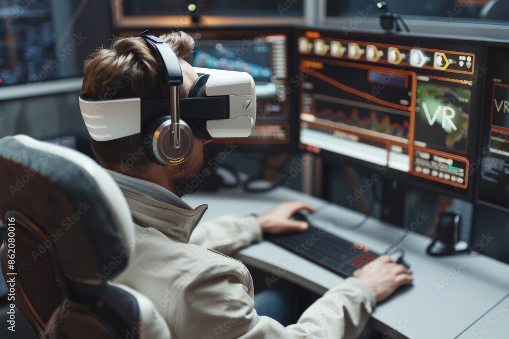 Poster woman using vr with control panel, highlighting the integration of advanced technology and professio