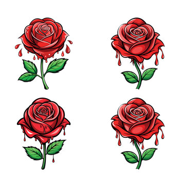 Red rose bleeding vector set. Tatto style
