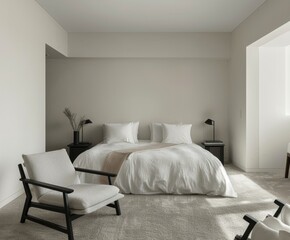 Minimalist bedroom with a large bed, white walls and a carpeted floor.