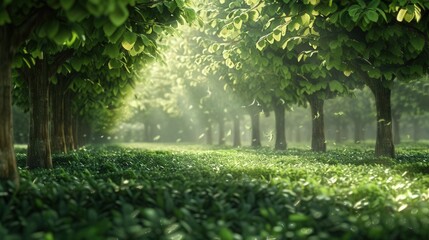 Obraz premium Vibrant Autumn Leaves in Tree Farm. Tranquil nature scenery concept