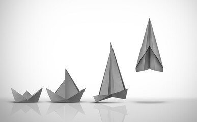 Change For Success as a business start up concept or life metaphor for transition and evolution as a paper boat changing as an origami airplane taking off.