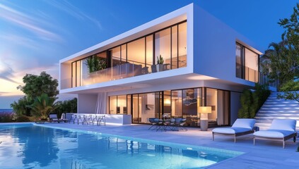 Fototapeta premium Modern house with swimming pool and terrace in the evening, modern architecture villa exterior, white color construction, white glass windows, minimalism style home design