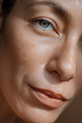 Fototapeta premium Detailed Close-Up of a Young Woman in Her 30s with Glowing, Healthy Skin, Without Makeup