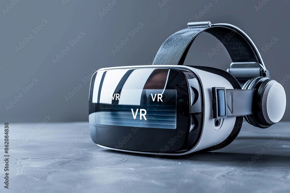 Poster close up of a vr headset on a sleek surface, emphasizing the advanced design and technology, perfect