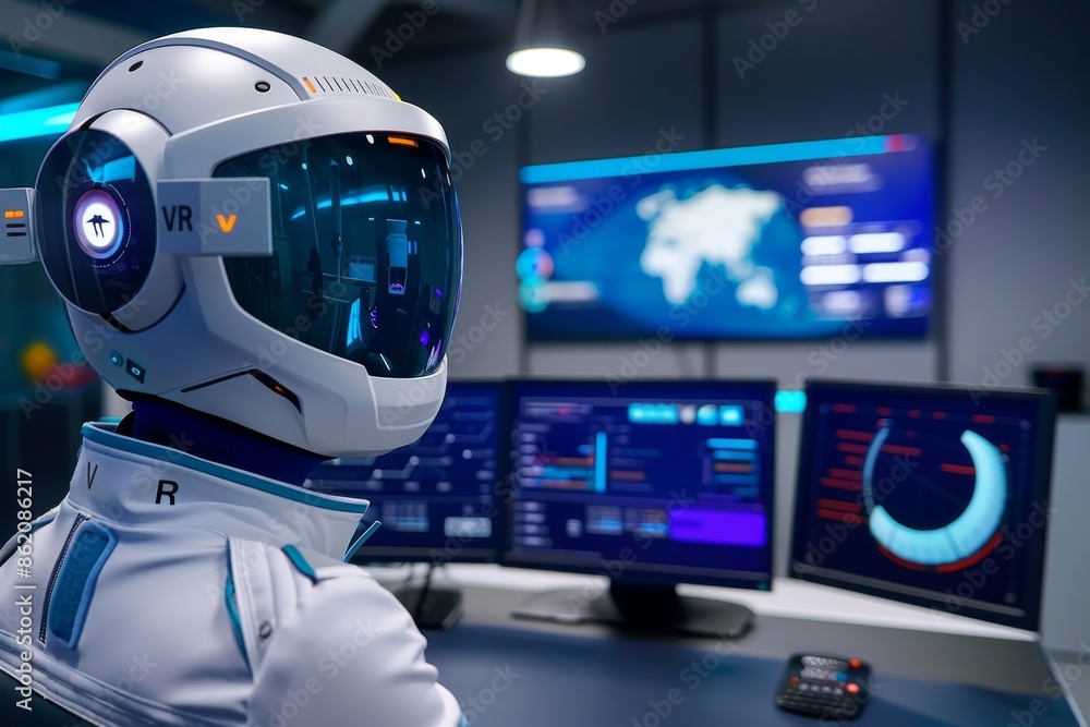 Aufkleber man using vr in a futuristic control room, highlighting the integration of advanced technology and p