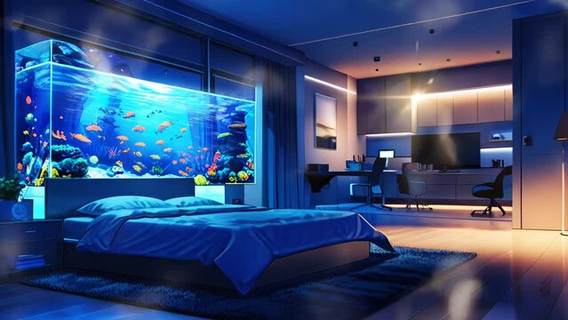 Modern interion of bedroom with aquarium, in smooth looping background with 4K video animation 