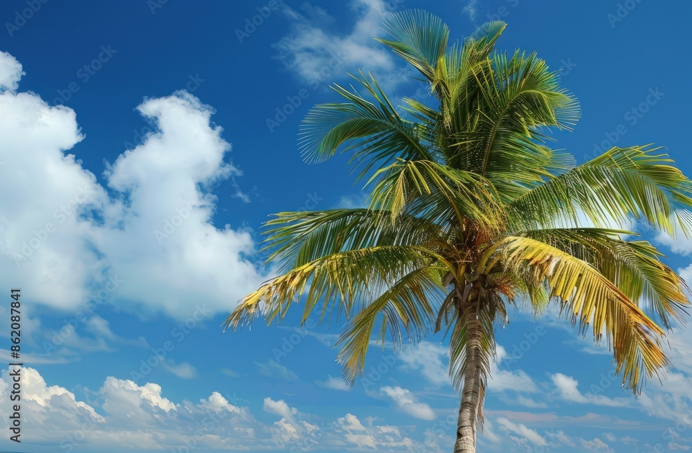 Poster a palm tree is standing on a beach with a clear blue sky above it. generate ai image
