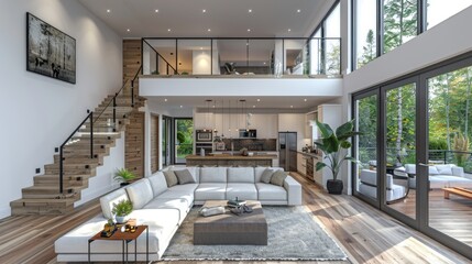 Fototapeta premium Photo of a modern home interior with a staircase, an open concept living room and kitchen in a white color scheme, natural light, wooden floor