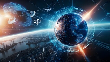 Fototapeta premium Futuristic Earth with Digital Network Orbits and Satellites