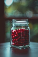 Red pills in a glass jar