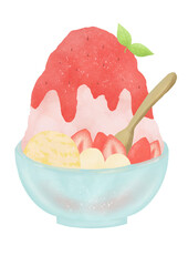 イチゴ味のかき氷の水彩イラスト