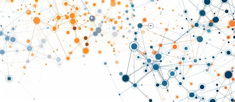 Graph of connections between people and social networks on white background with orange blue color scheme