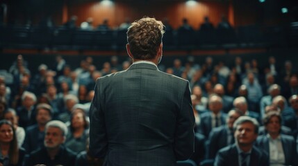 Businessman Investor Speak in front of Audiences on Conference - Investment Workshop Invest Business Speaking Presentation Symposium Man Suit Audience People Training Successs Motivation Leader
