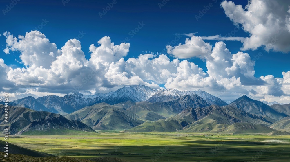 Poster the sky is blue with clouds and the mountains are in the background. generate ai image