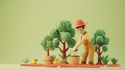 3D cartoon farmland planting seedlings potted green plants scene picture