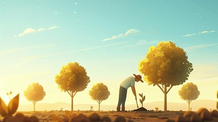 3D cartoon farmland planting seedlings potted green plants scene picture