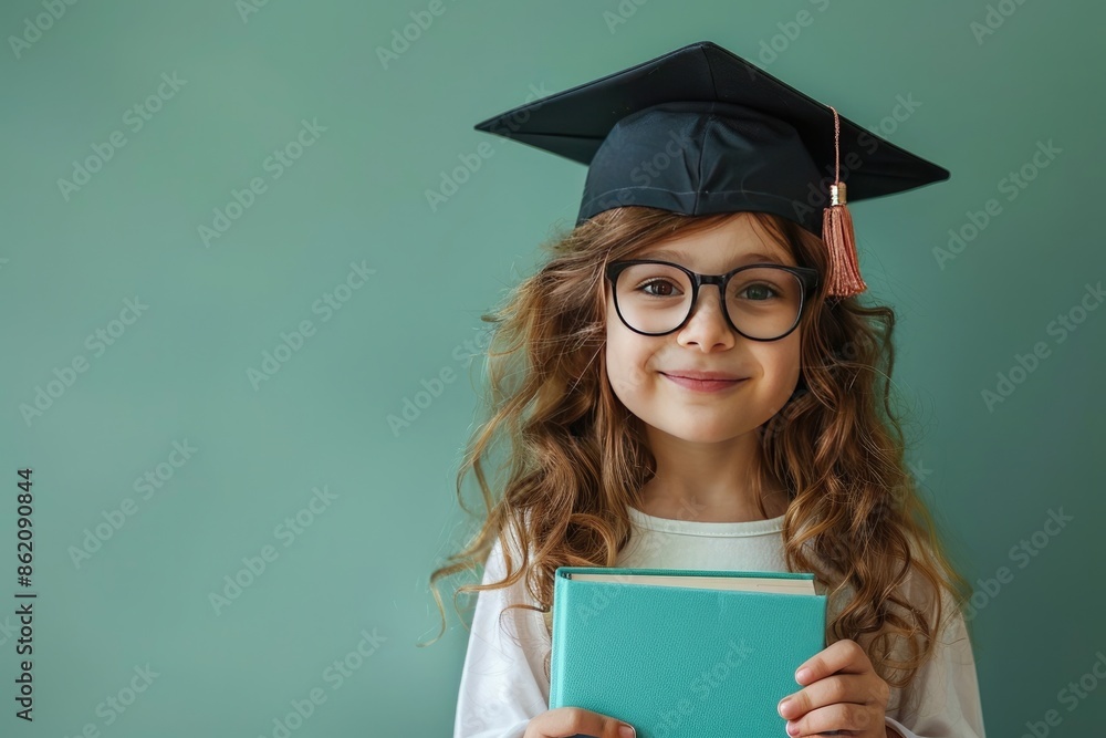 Wall mural Adorable child wearing a tiny graduation cap, holding a book and smiling shyly, against a plain mint green background. - Wall murals