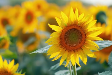 Obraz premium Yellow sunflowers with green leaves