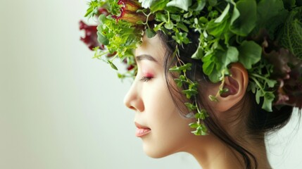 A woman with her head creatively transformed into a vegetable garden, symbolizing the nurturing of mental growth and the connection between diet and mental health.