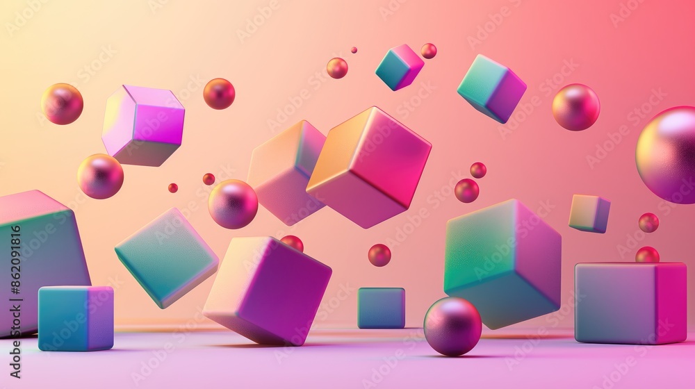 Poster vibrant 3d abstract background with floating geometric shapes in gradient colors