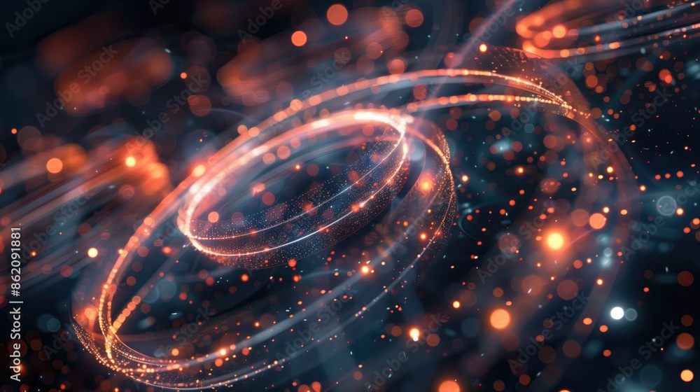 Poster dynamic 3d abstract background with glowing particles and swirling light trails in dark space