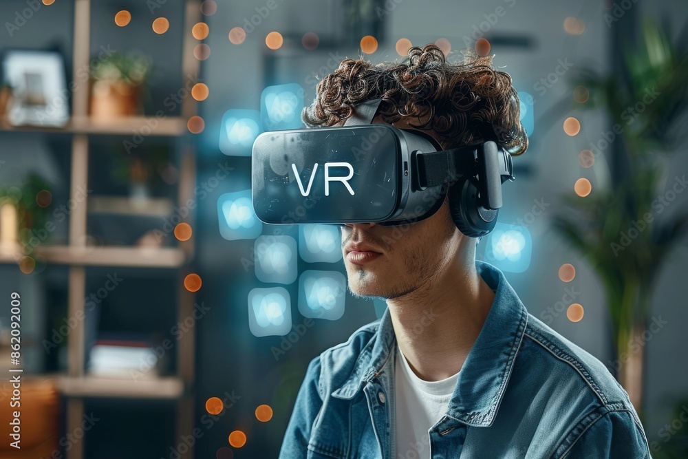 Aufkleber man using vr with futuristic interface, emphasizing the blend of advanced technology and immersive e