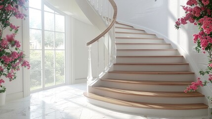 Top view beautiful spiral staircase consist of wooden tread and riser, white bold railing, balustrade and round handrail, interior of furniture showroom with. iconic spiral stairway  