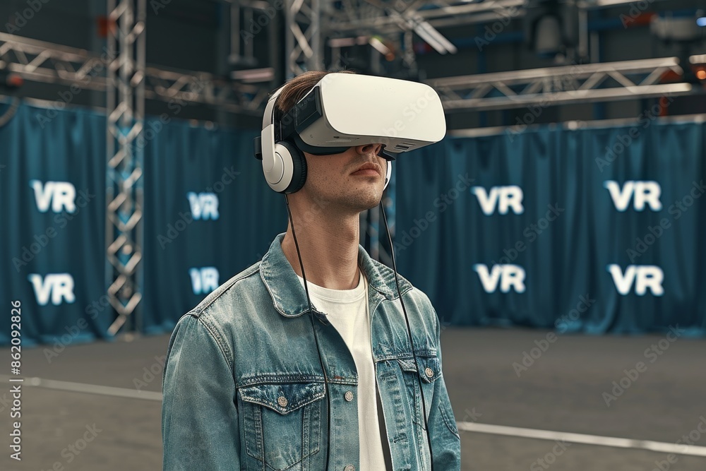 Aufkleber man using vr in an exhibition hall, highlighting the integration of advanced technology and public i