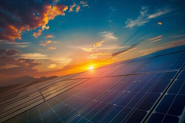 Solar Panels on Sunset Background created with Generative AI