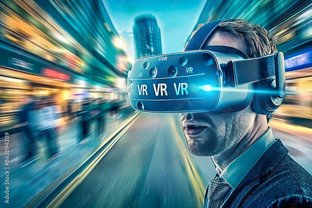 Aufkleber man using vr with dynamic motion effects, emphasizing the blend of advanced technology and immersive