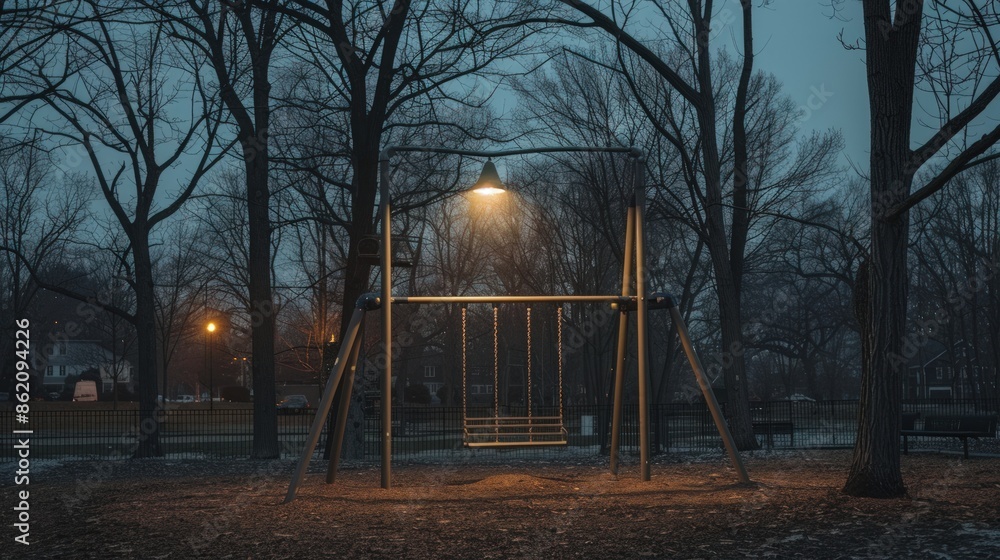 Poster a park with a swing set and a bench. generate ai image