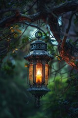 Lantern Hanging from Tree at Night