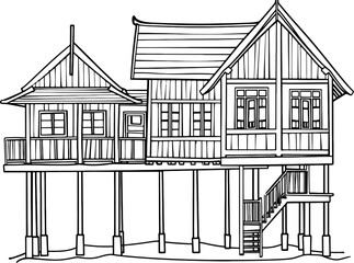 Traditional indonesian stilt house drawing