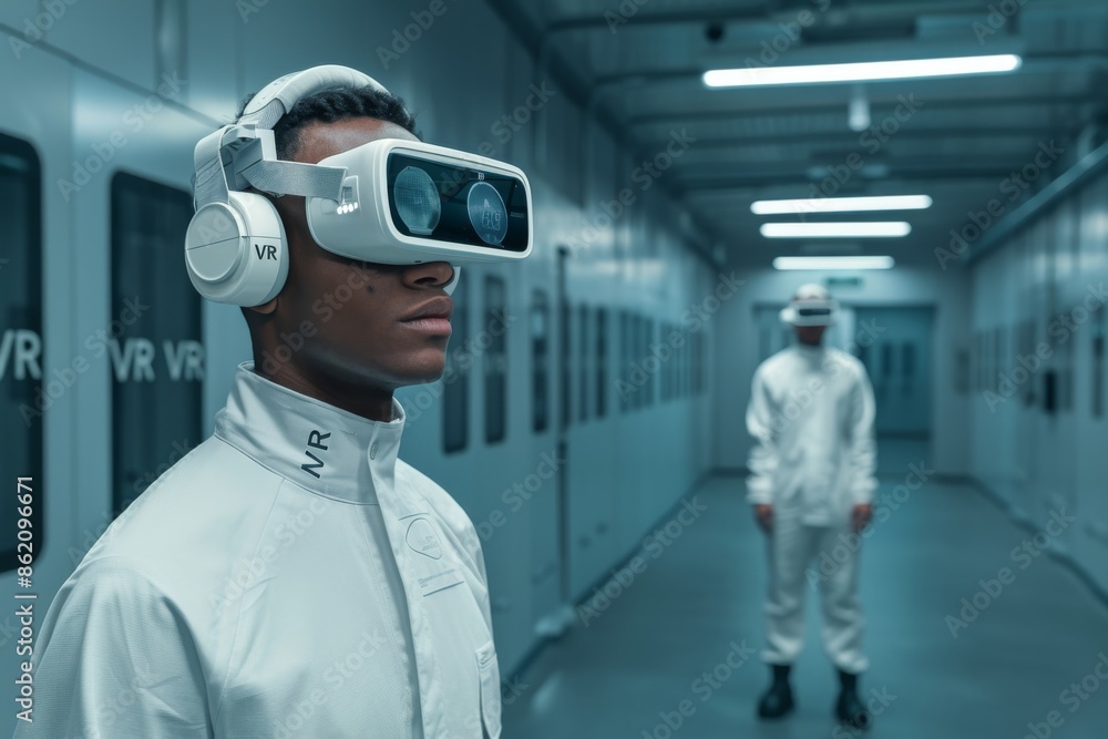 Aufkleber man using vr in a futuristic lab, highlighting the integration of advanced technology and scientific