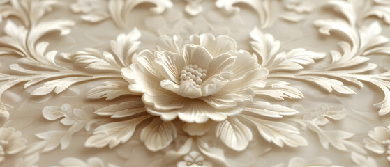 Intricate Floral Relief Pattern in Cream Tones - Elegant Decorative Design for Backgrounds and Textures