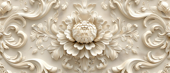 Intricate Floral Relief Pattern in Cream Tones - Elegant Ornamental Design for Interior Decor and Art