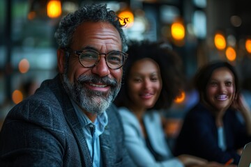 photo of smiling businesspeople discussing with laptop in office