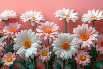 Beautiful Pink and White Daisies Against a Soft Coral Background in Full Bloom