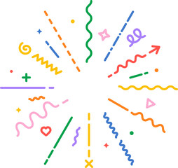 Confetti explosion vector line icon. Modern geometric starburst explosion. Colorful flat style radial confetti boom on white background. Vector illustration