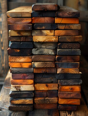 Naklejka premium Stacked Wooden Planks with Varied Textures and Colors in Rustic Setting