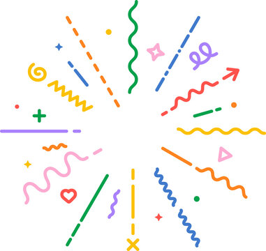 Confetti explosion vector line icon. Modern geometric starburst explosion. Colorful flat style radial confetti boom on white background. Vector illustration