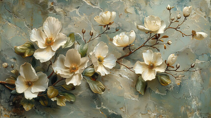 panel wall art, wall decoration, marble background with flowers designs