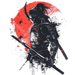 T-shirt design of a cyberpunk street samurai, dystopian, gritty, relentless, with chrome enhancements. Suitable for t-shirt or sticker ready to print.[A-0004]