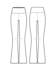 High Waist Flared Leggings with Waistband Flat Technical Sketch CAD