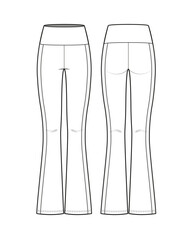 High Waist Flared Leggings with Waistband & Side Panels Flat Technical Sketch CAD