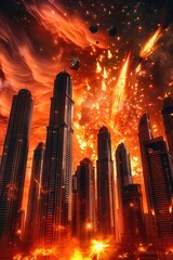 Burning comets and meteors streak across the sky, hurtling towards the Earth with fiery intensity, illuminating the darkness