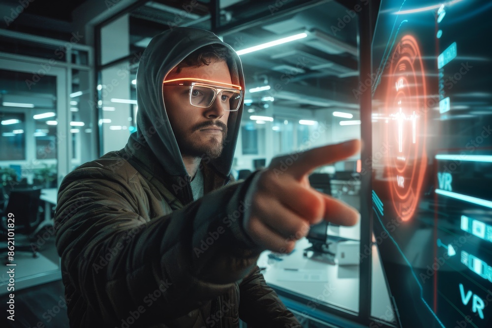 Aufkleber man in a futuristic setting interacting with holographic vr interface, representing cutting edge tec